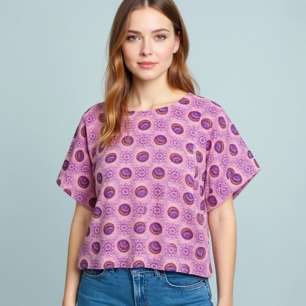 ANTHROPOLOGIE Maeve Purple Medallion Swing Top Printed Blouse Size Small